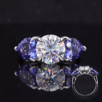 Unique engagement ring with round and blue heart cut moissanite stones – colorful and romantic bridal design