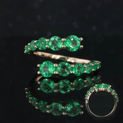 Round Cut Green Emerald Open Gap Wedding Band