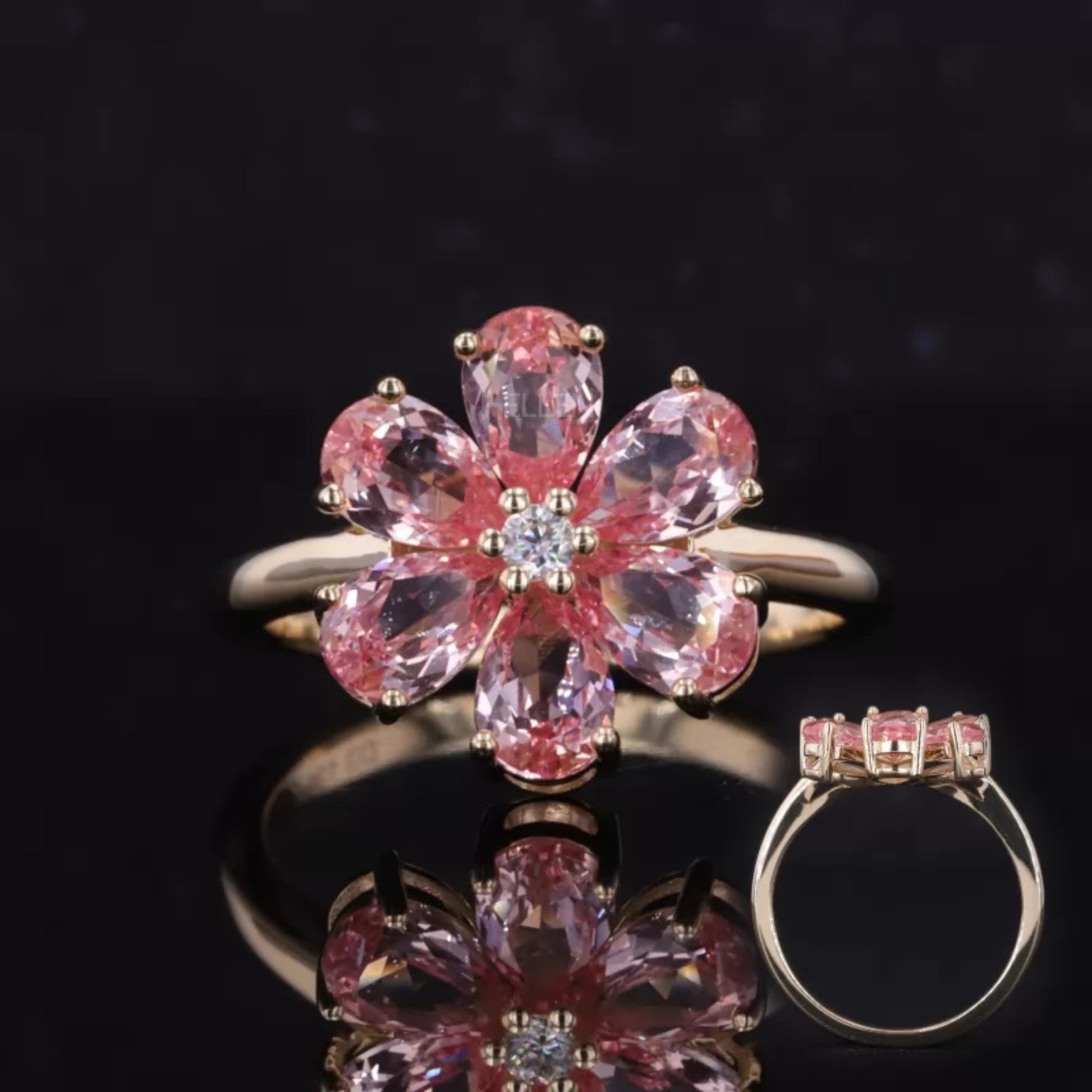 Fall-inspired blossom ring with pink sapphire pear cut gemstone – seasonal charm and floral elegance

