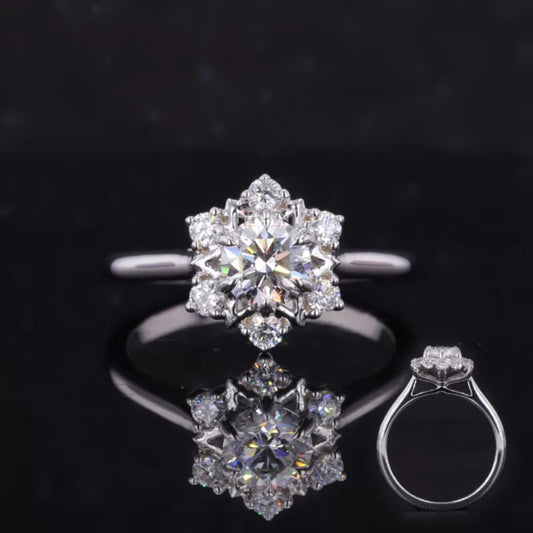 Vintage moissanite engagement ring with floral cluster setting – romantic antique-inspired bridal jewelry