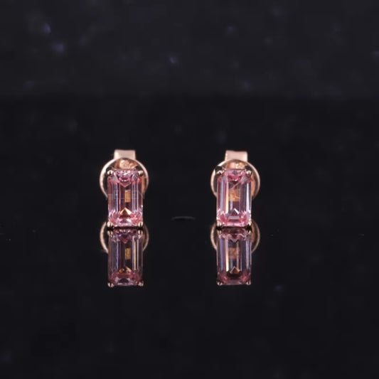 Emerald cut pink semi-precious gemstone stud earrings – bold color and clean lines in a minimalist setting

