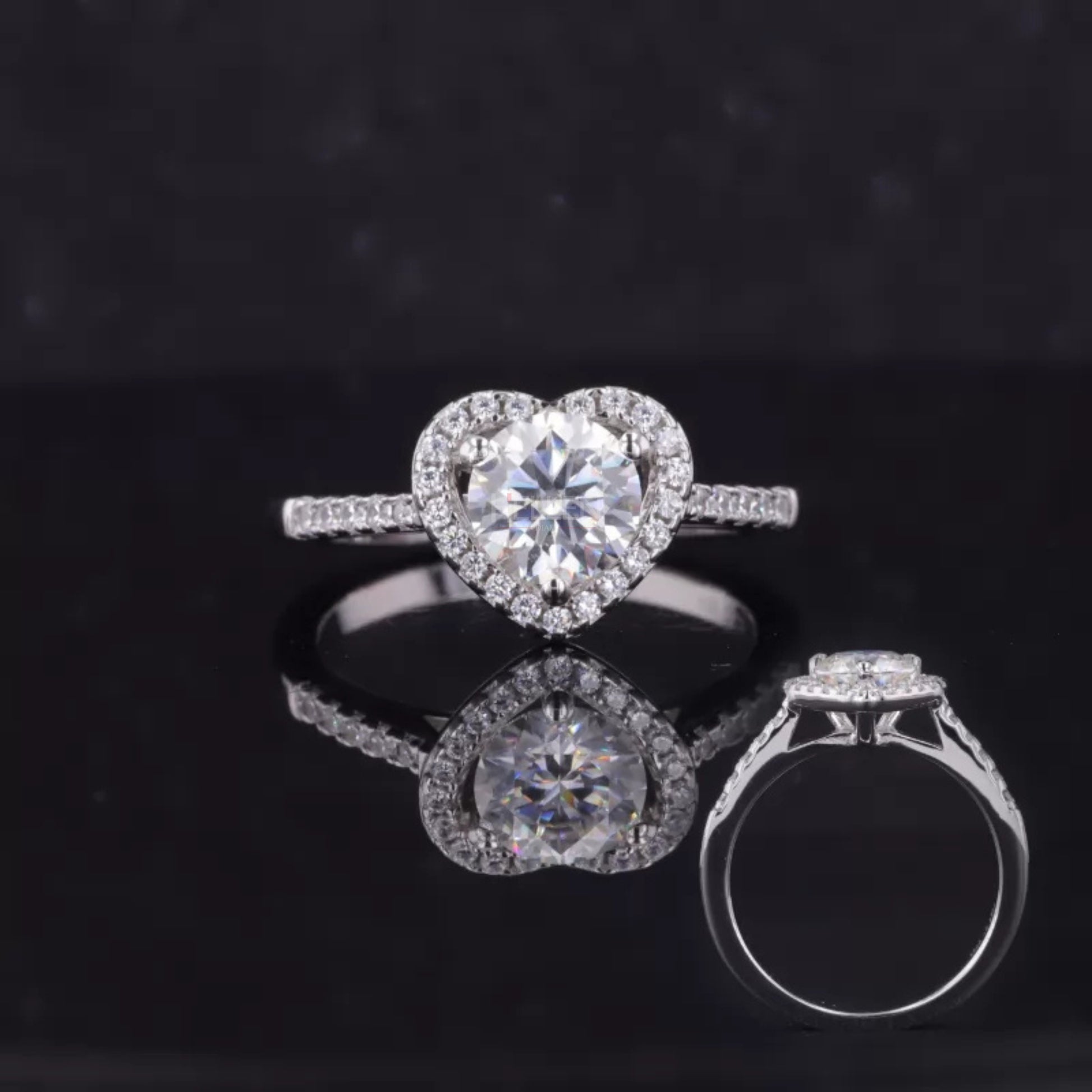 Heart-shaped illusion halo ring with round moissanite – romantic and sparkling proposal design
