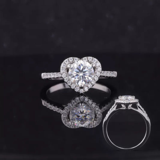 Heart-shaped illusion halo ring with round moissanite – romantic and sparkling proposal design
