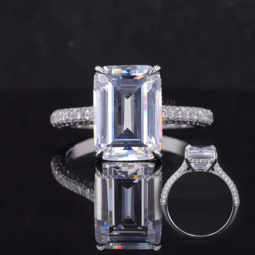 Emerald Cut Solitaire Moissanite Hidden Halo & Round Side Ring