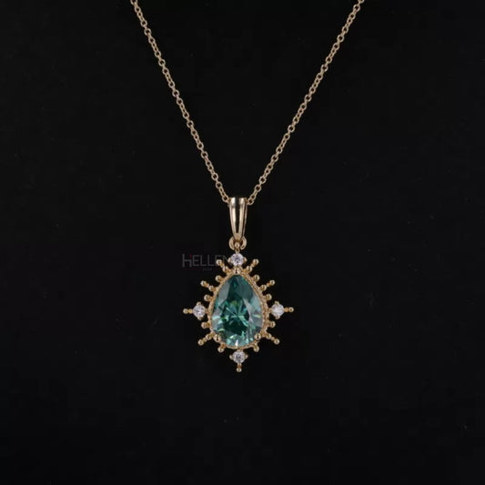 Sparkling green moissanite pear cut pendant necklace – perfect bridesmaid gift with unique gemstone shine

