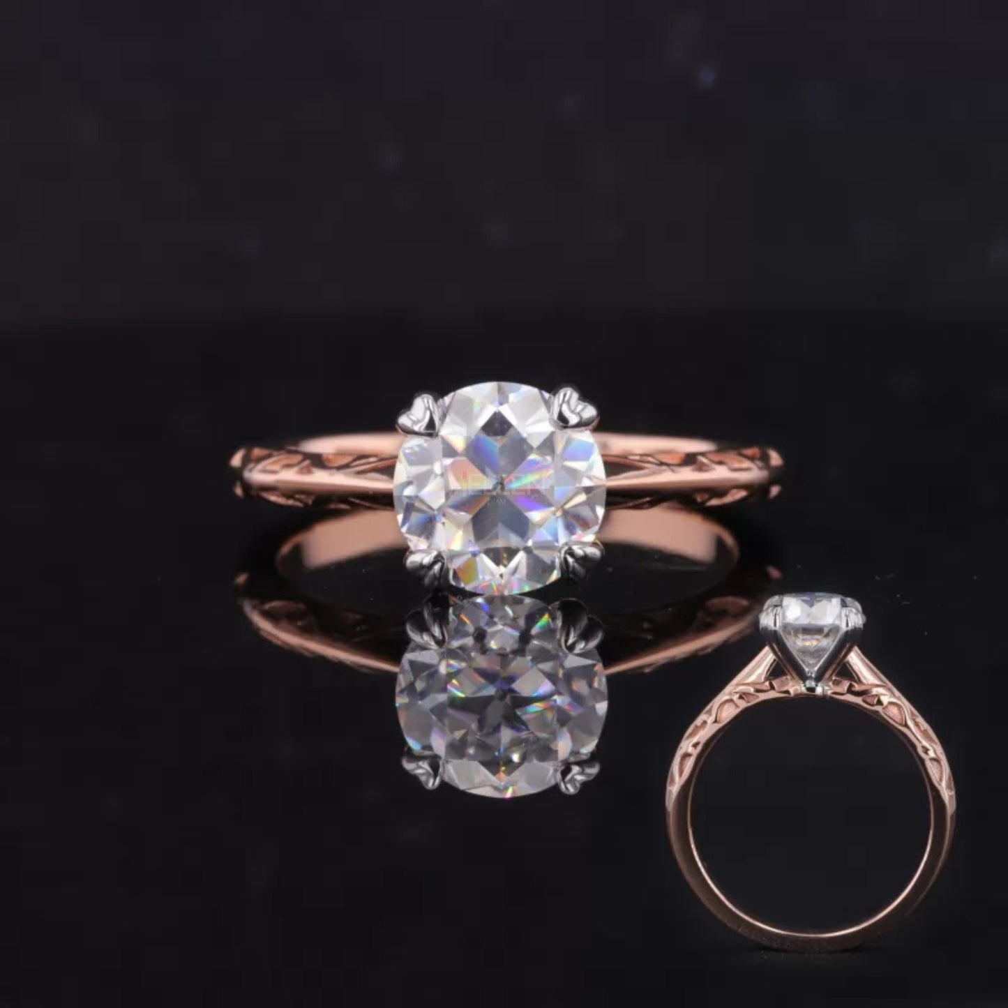 Vintage old European cut moissanite solitaire ring with romantic heart prongs – antique-style engagement or promise ring

