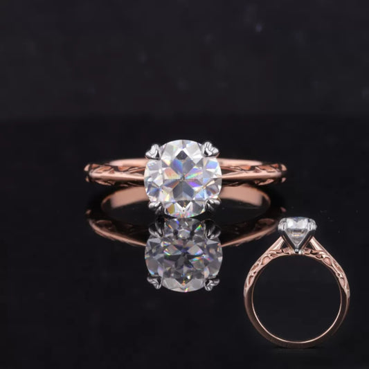 Vintage old European cut moissanite solitaire ring with romantic heart prongs – antique-style engagement or promise ring

