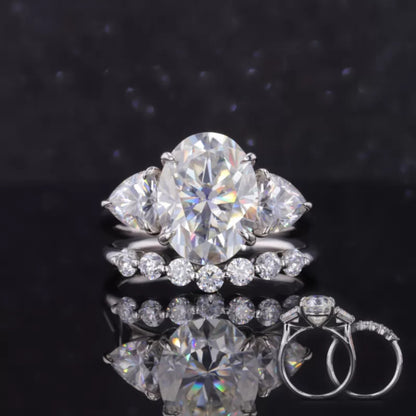 Elegant 3 stone bridal ring set with oval cut moissanite – classic engagement and wedding band combo

