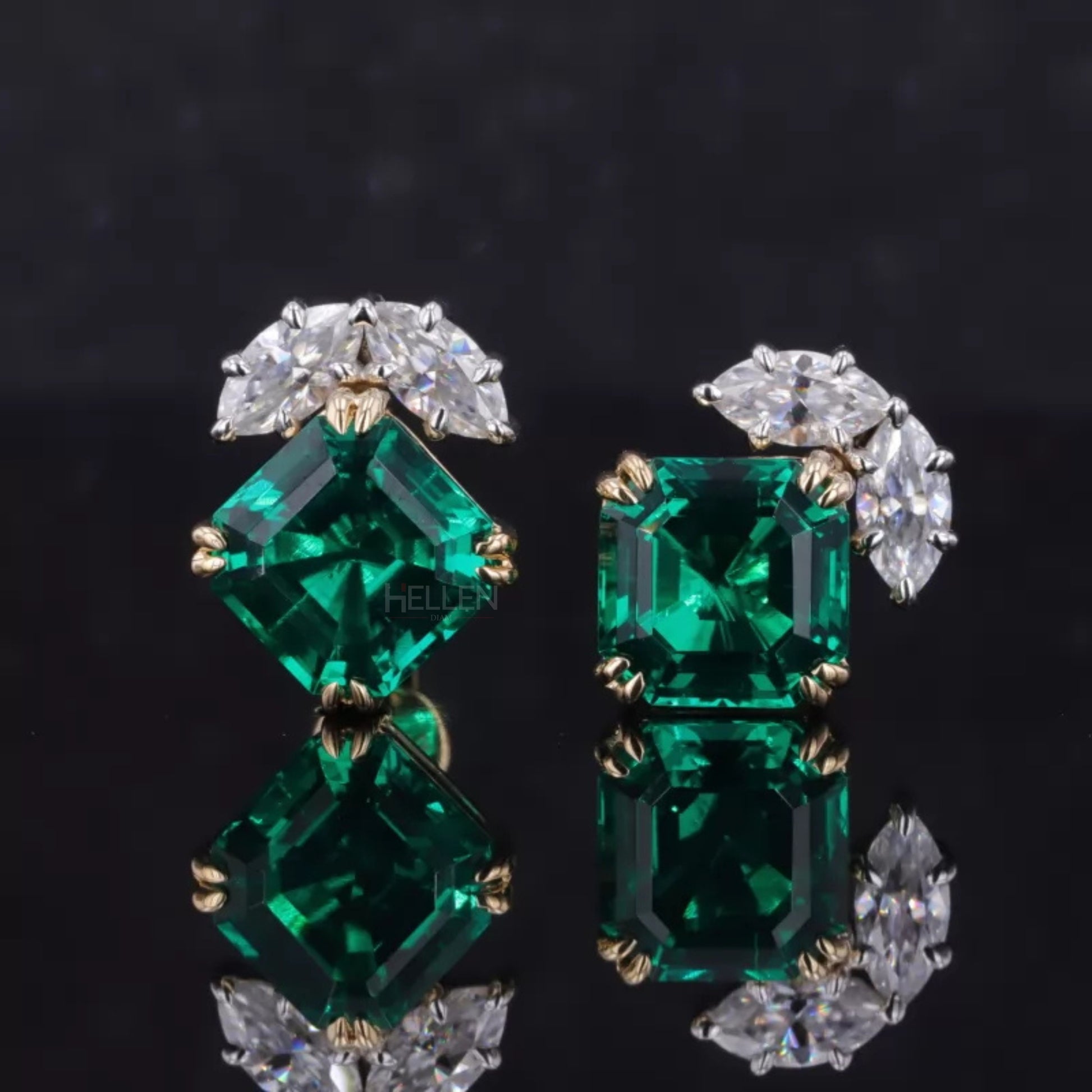 Asscher cut Zambian emerald and marquise moissanite earrings – bold, colorful luxury studs

