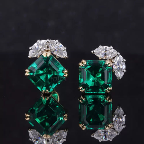 Exclusive Asscher Cut Zambian Emerald & Marquise Moissanite Studs