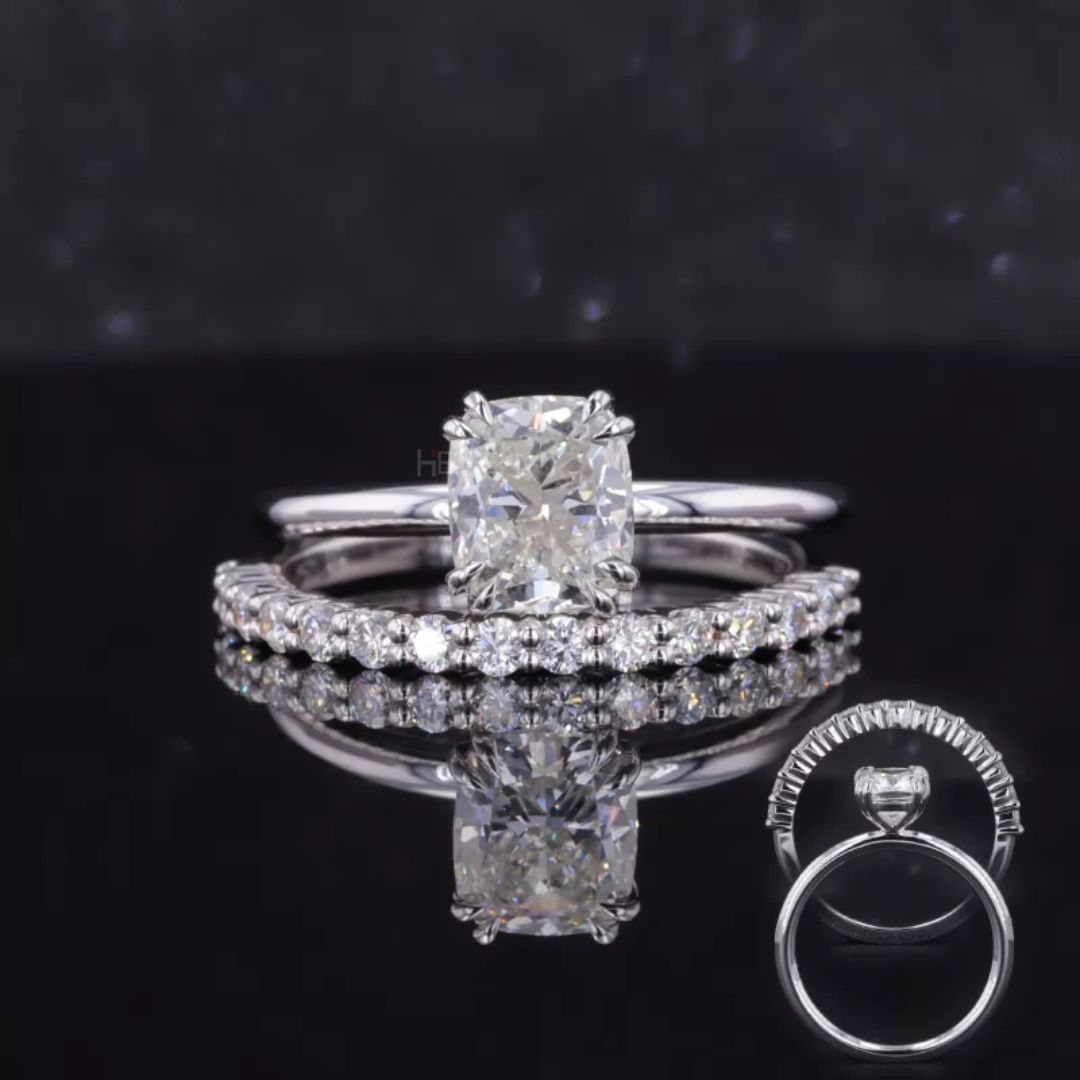 Cushion cut solitaire ring and half eternity band – perfect stackable bridal set with refined sparkle

