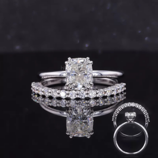 Cushion cut solitaire ring and half eternity band – perfect stackable bridal set with refined sparkle

