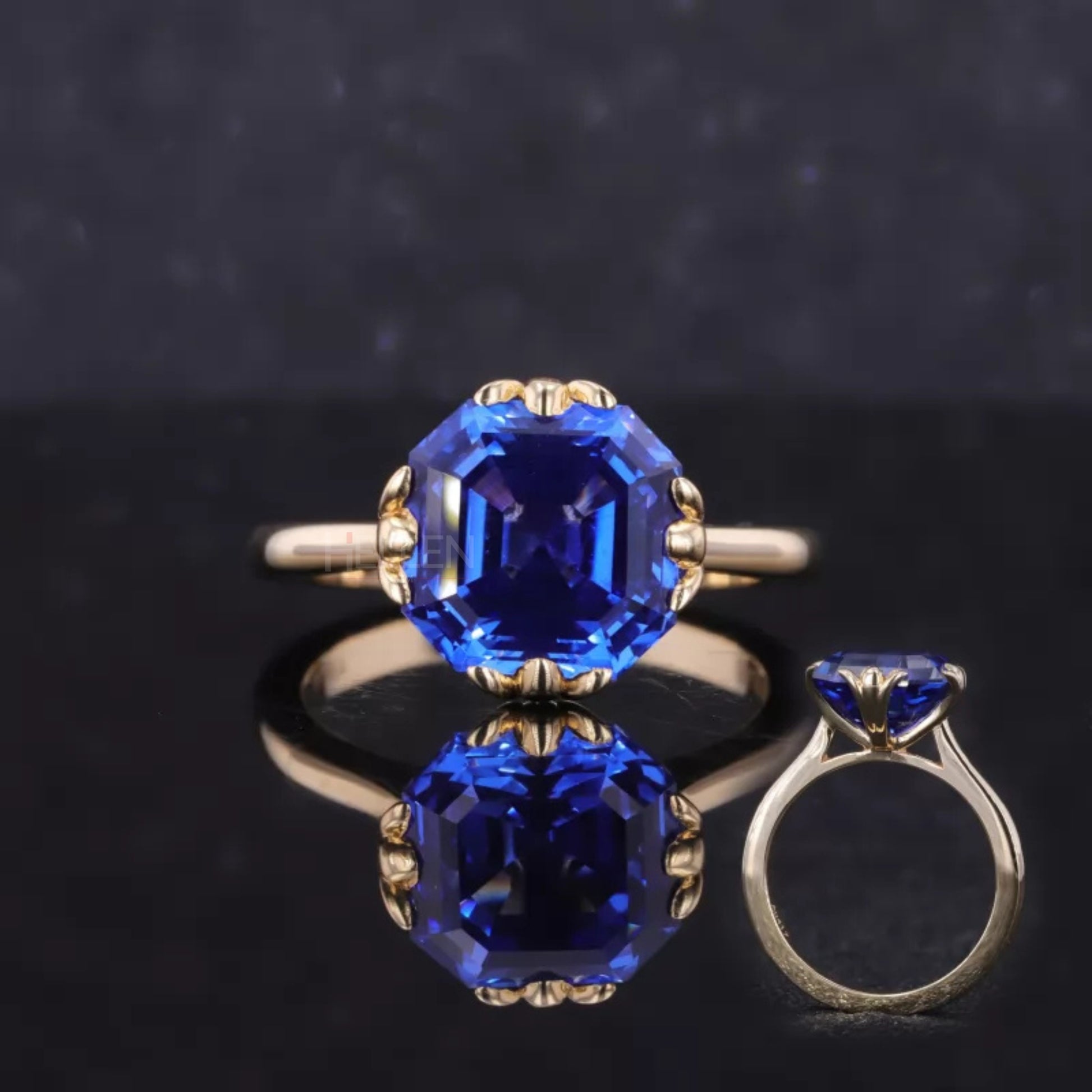 Blue sapphire solitaire engagement ring with Asscher cut and leaf prong setting – nature-inspired fine gemstone ring

