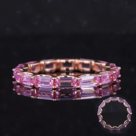 East to west eternity band with baguette pink sapphire gemstones – vibrant and modern gemstone band

