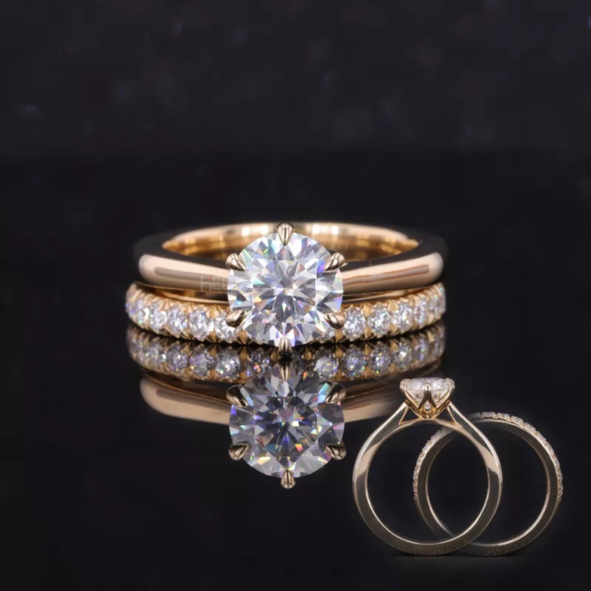 Round moissanite solitaire paired with half-round eternity band – classic stackable ring duo for brides

