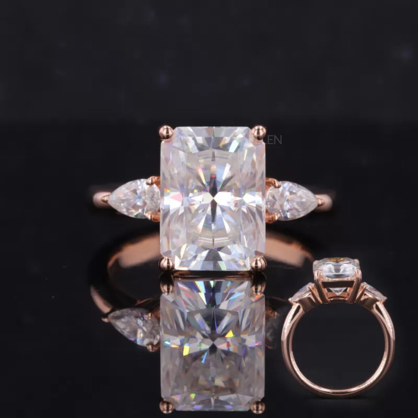 3 stone moissanite ring with radiant center and pear cut side stones in sterling silver – elegant modern engagement ring

