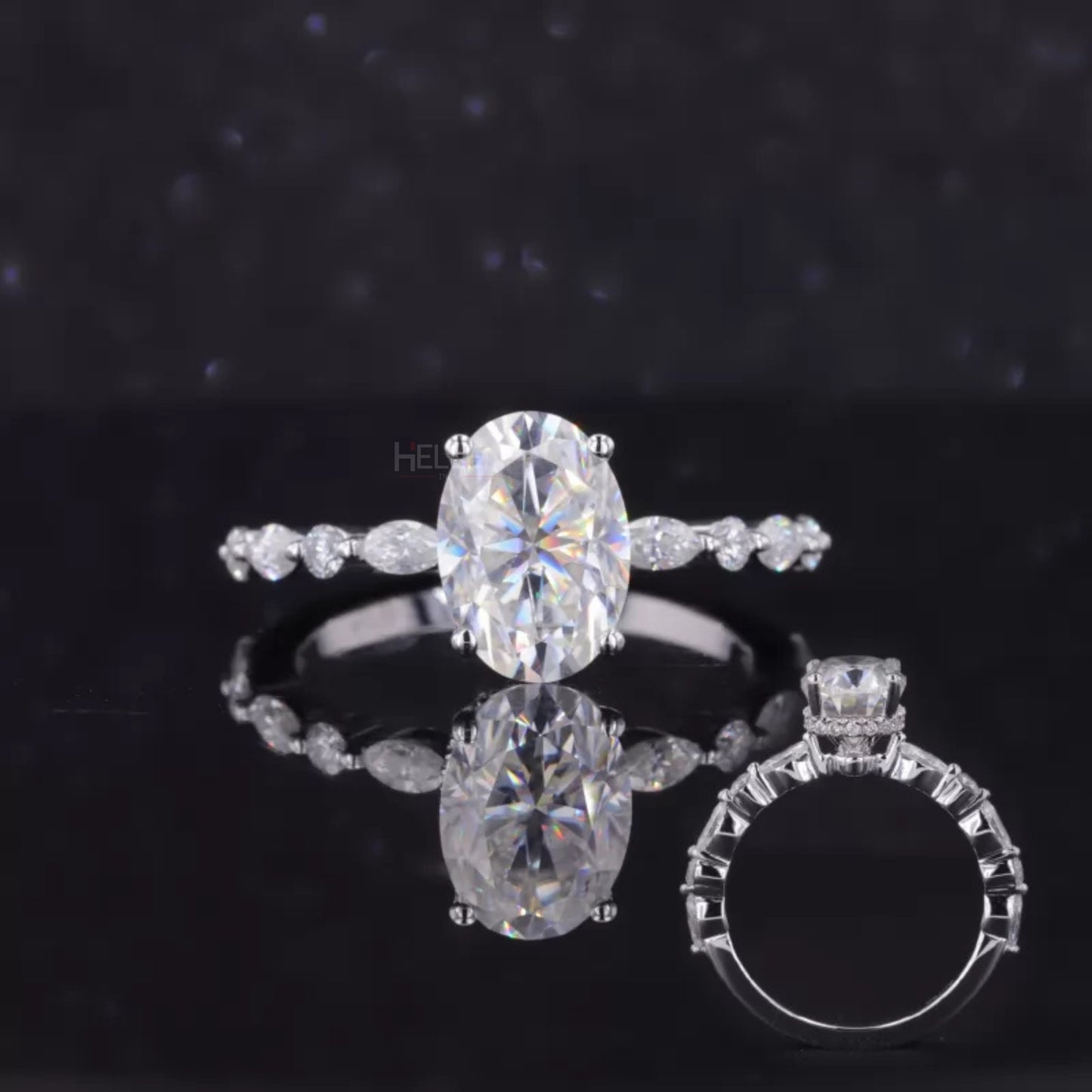 Oval solitaire moissanite ring with hidden halo, marquise and round accents – romantic and graceful bridal piece