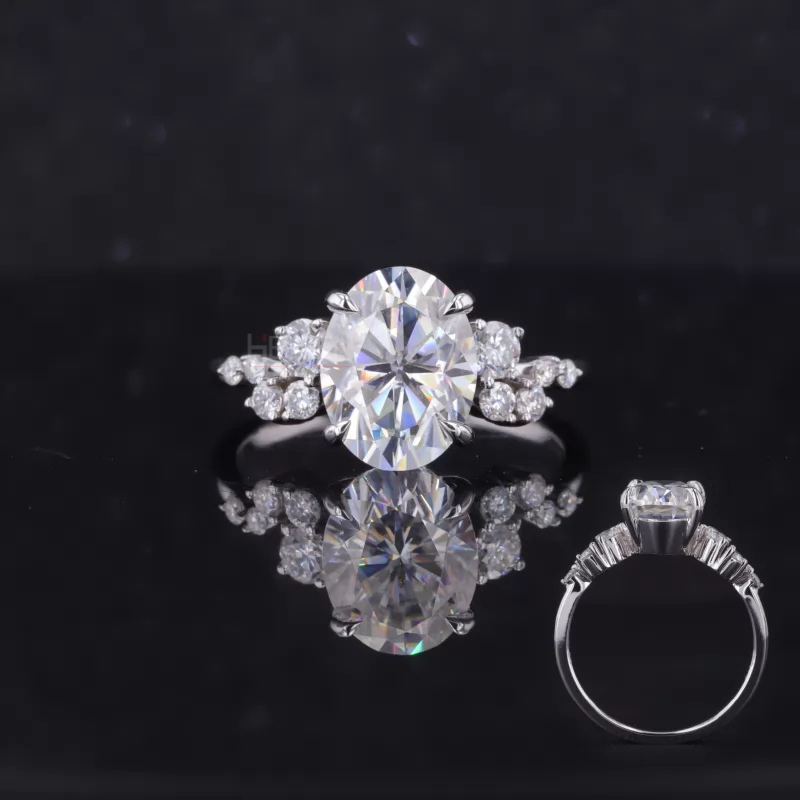 Dainty vintage cluster ring with oval moissanite solitaire – delicate sparkle for romantic brides