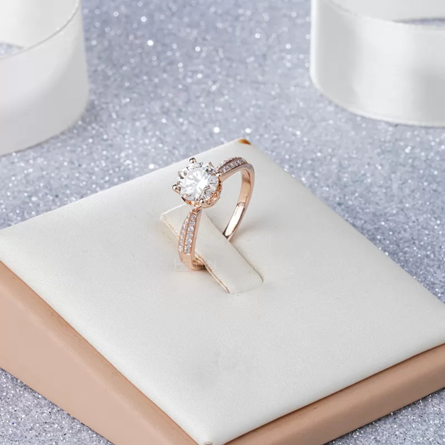Signature style solitaire moissanite engagement ring with split shank – modern classic bridal design