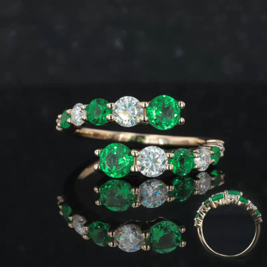 Moissanite and emerald open gap wedding band – fresh dual-stone ring for everyday or stack wear

