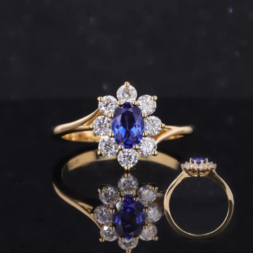 Blue Sapphire Oval Gemstone with Round Cut Halo Engagement Ring