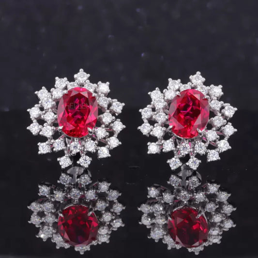 Oval semi-precious gemstone studs surrounded by moissanite – halo effect with rich color and sparkle