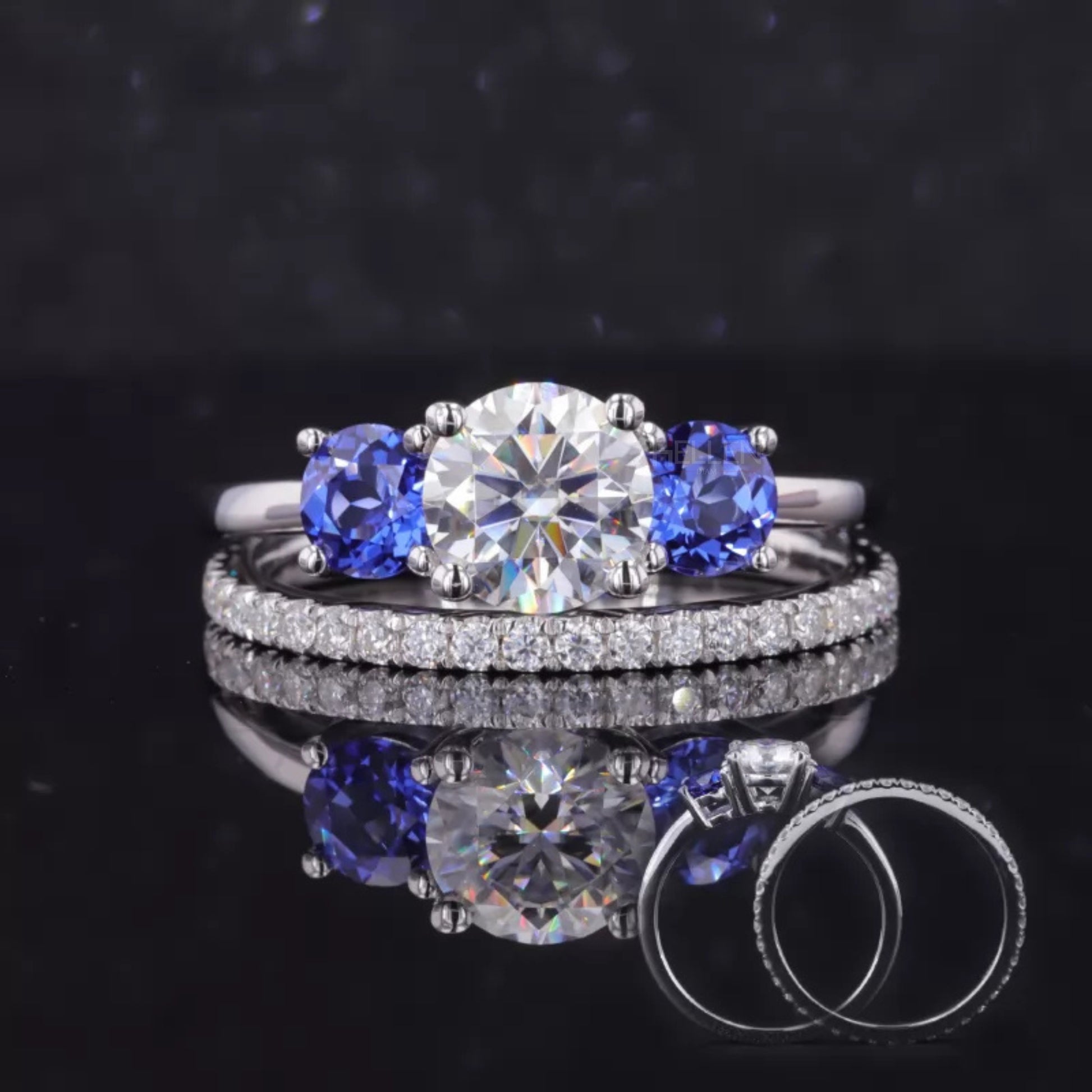 Timeless 3 stone round cut moissanite bridal set – engagement and matching band in brilliant design