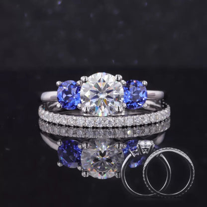 Timeless 3 stone round cut moissanite bridal set – engagement and matching band in brilliant design