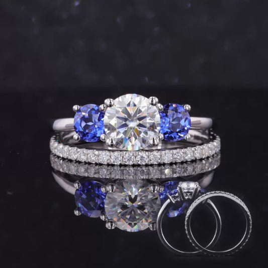 Timeless 3 stone round cut moissanite bridal set – engagement and matching band in brilliant design