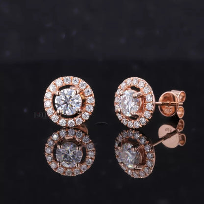 Round gemstone solitaire studs with moissanite halo – radiant design blending color and brilliance