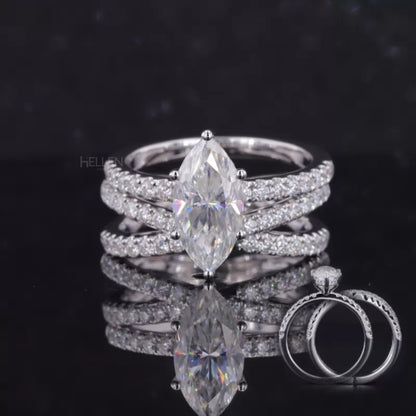 Marquise solitaire ring with crossed shank and eternity band – bold shape with delicate stacking elegance

