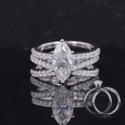 Marquise solitaire ring with crossed shank and eternity band – bold shape with delicate stacking elegance

