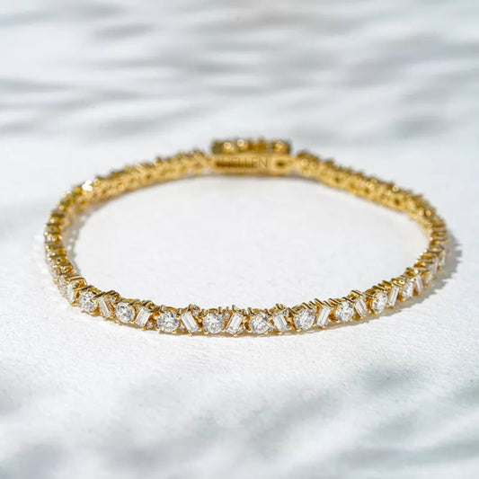 925 sterling silver tennis bracelet with alternating baguette and round cut moissanite – elegant and balanced design

