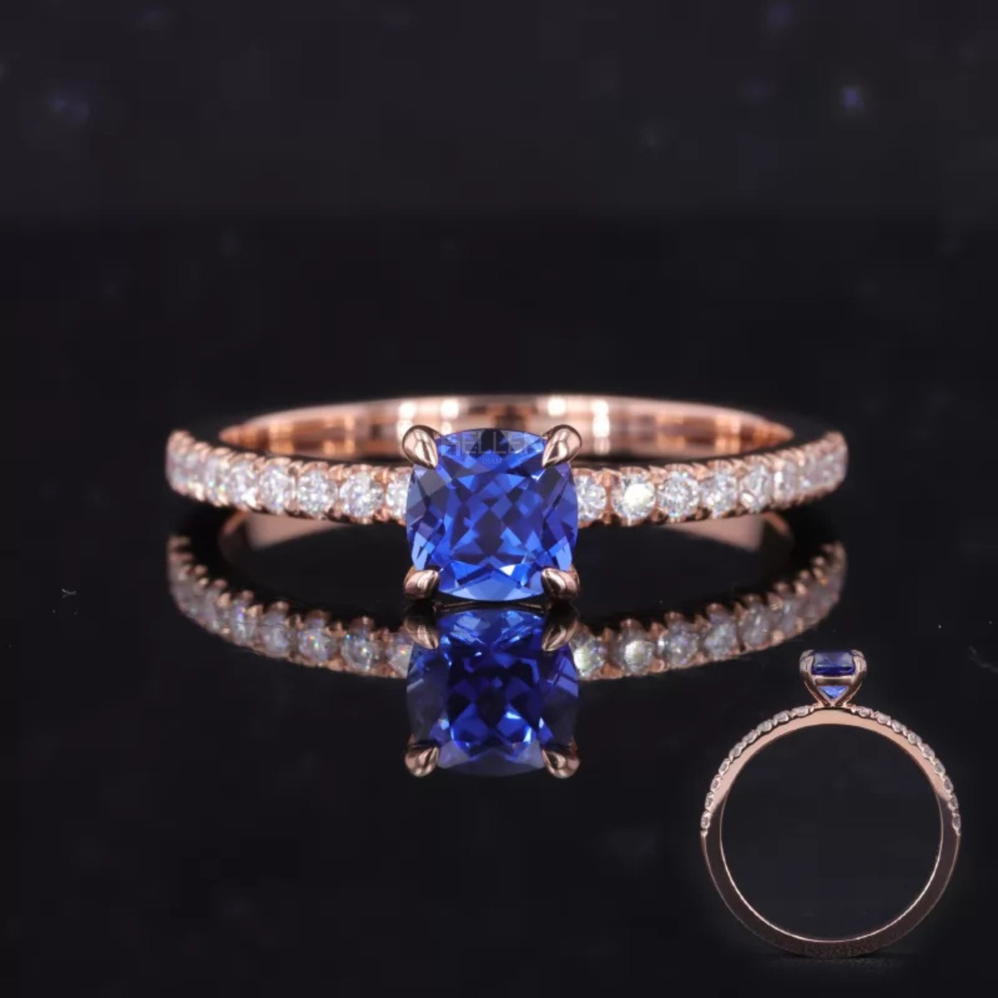 Cushion cut blue sapphire ring with round moissanite – elegant fusion of color and sparkle for proposals