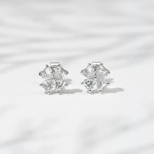 Heart cut moissanite floral design studs in 925 silver – elegant blend of romance and natural motifs