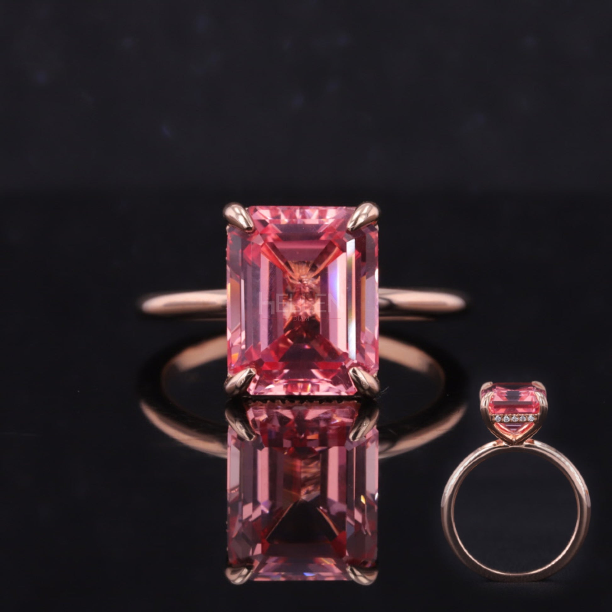Semi-precious halo ring with pink emerald cut gemstone and fine setting