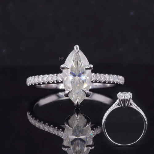Marquis Cut Moissanite Solitaire with Claws Prong Pave Ring
