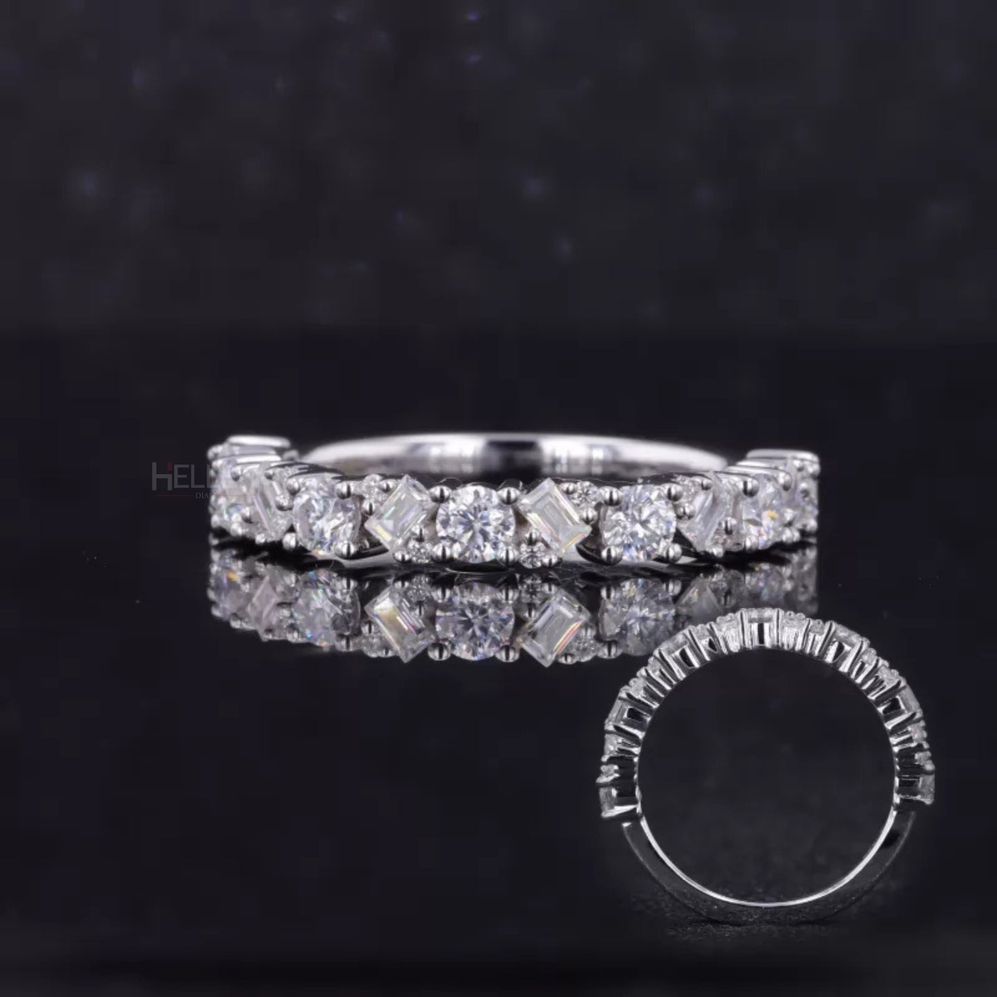 Anniversary band featuring baguette and round cut moissanite – modern mix of sparkle and structure

