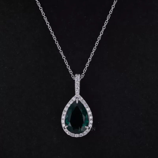 Pear cut green emerald and moissanite halo necklace – elegant bridal or bridesmaid jewelry with vivid color

