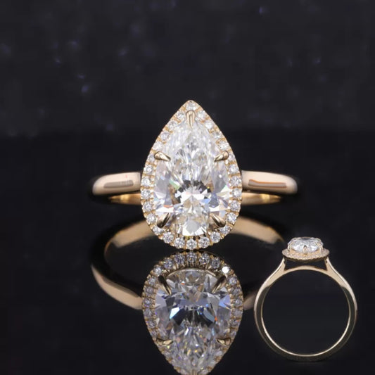 Elegant pear cut halo moissanite engagement ring – brilliant teardrop-shaped bridal ring with classic halo