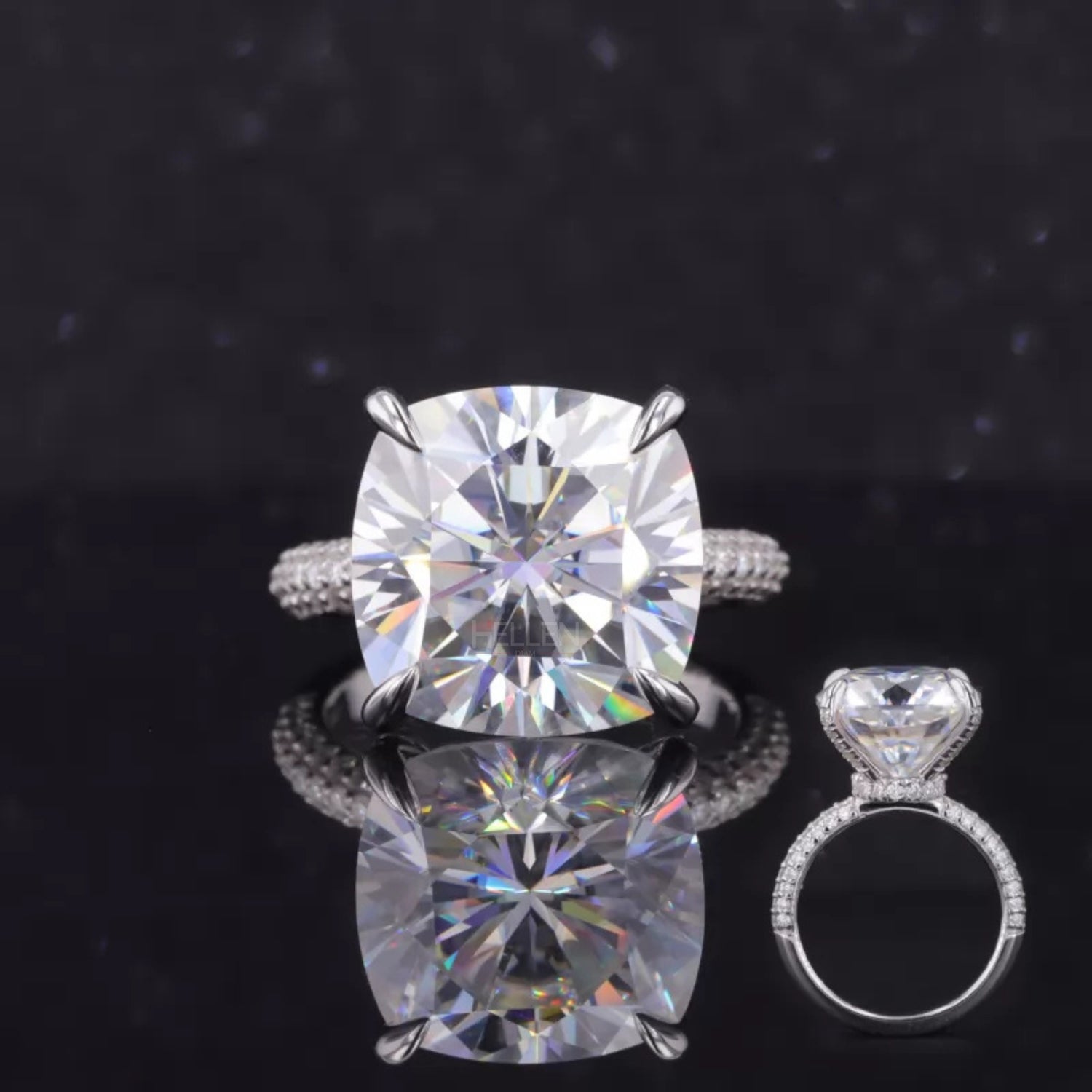 10 carat cushion cut moissanite ring with hidden halo and side stones – bold and brilliant luxury engagement ring