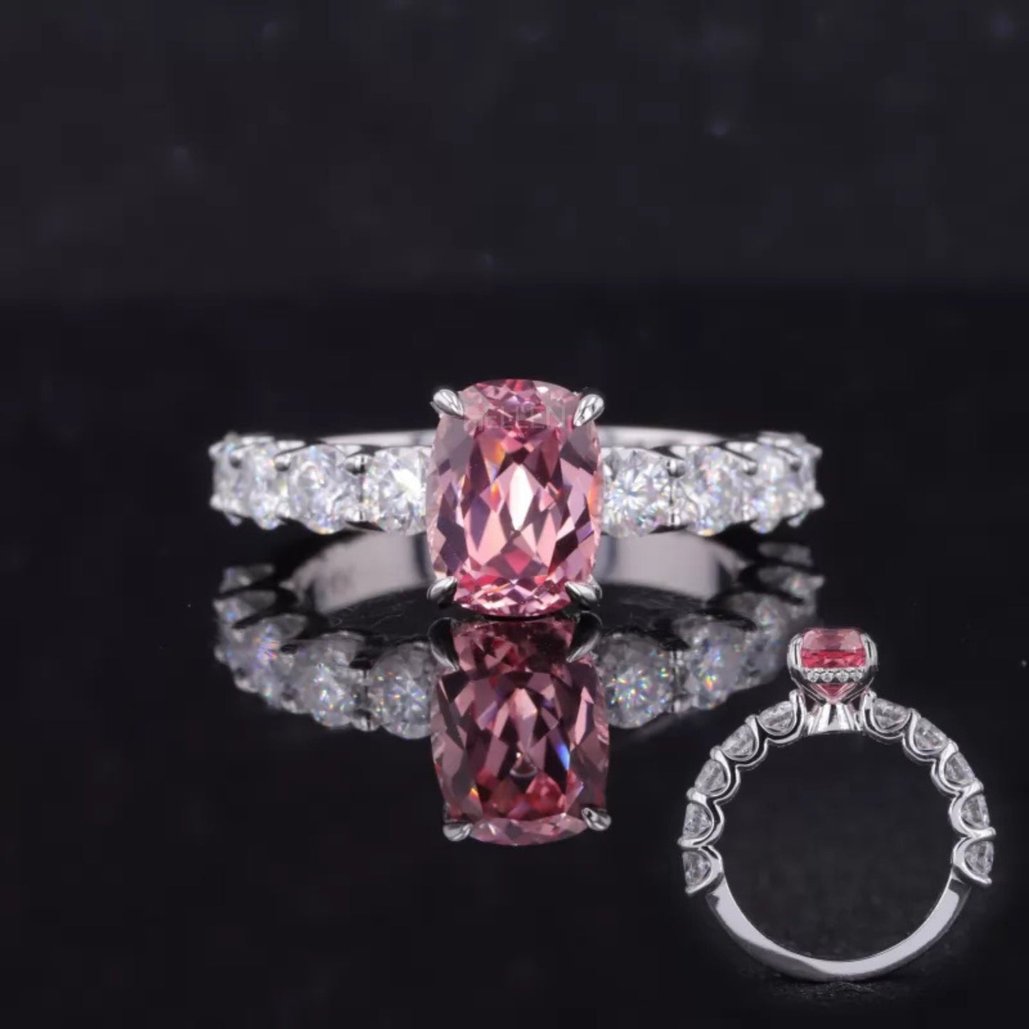 Elongated cushion cut moissanite and pink sapphire pavé ring – modern, feminine engagement or statement piece

