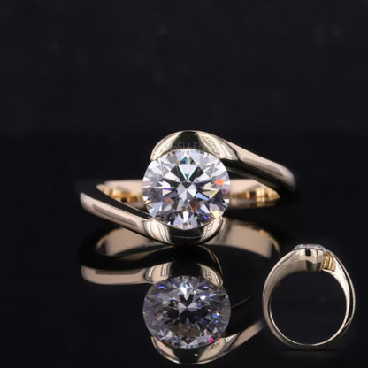 Round cut moissanite solitaire engagement ring with twisted shank – elegant and artistic modern proposal ring

