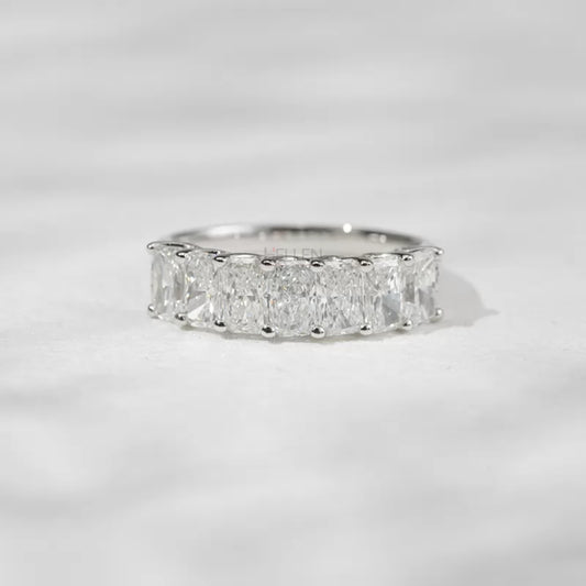 Radiant cut moissanite half eternity ring in sterling silver – modern brilliance in a sleek design