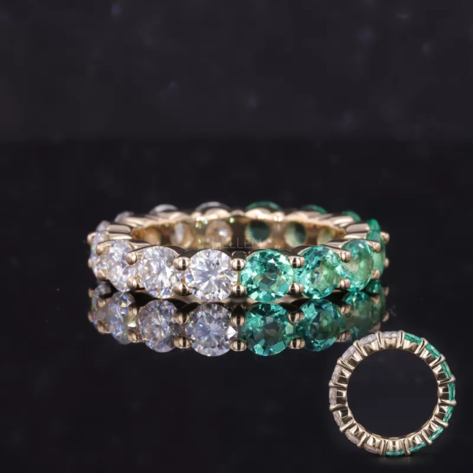 2-in-1 wedding band with half green gemstones and half moissanite – dual-style ring for 