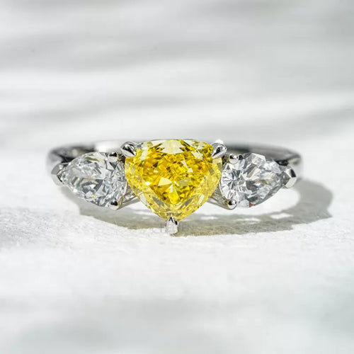 Yellow Sapphire Heart & Pear Cut Moissanite 3 Stone Engagement Ring
