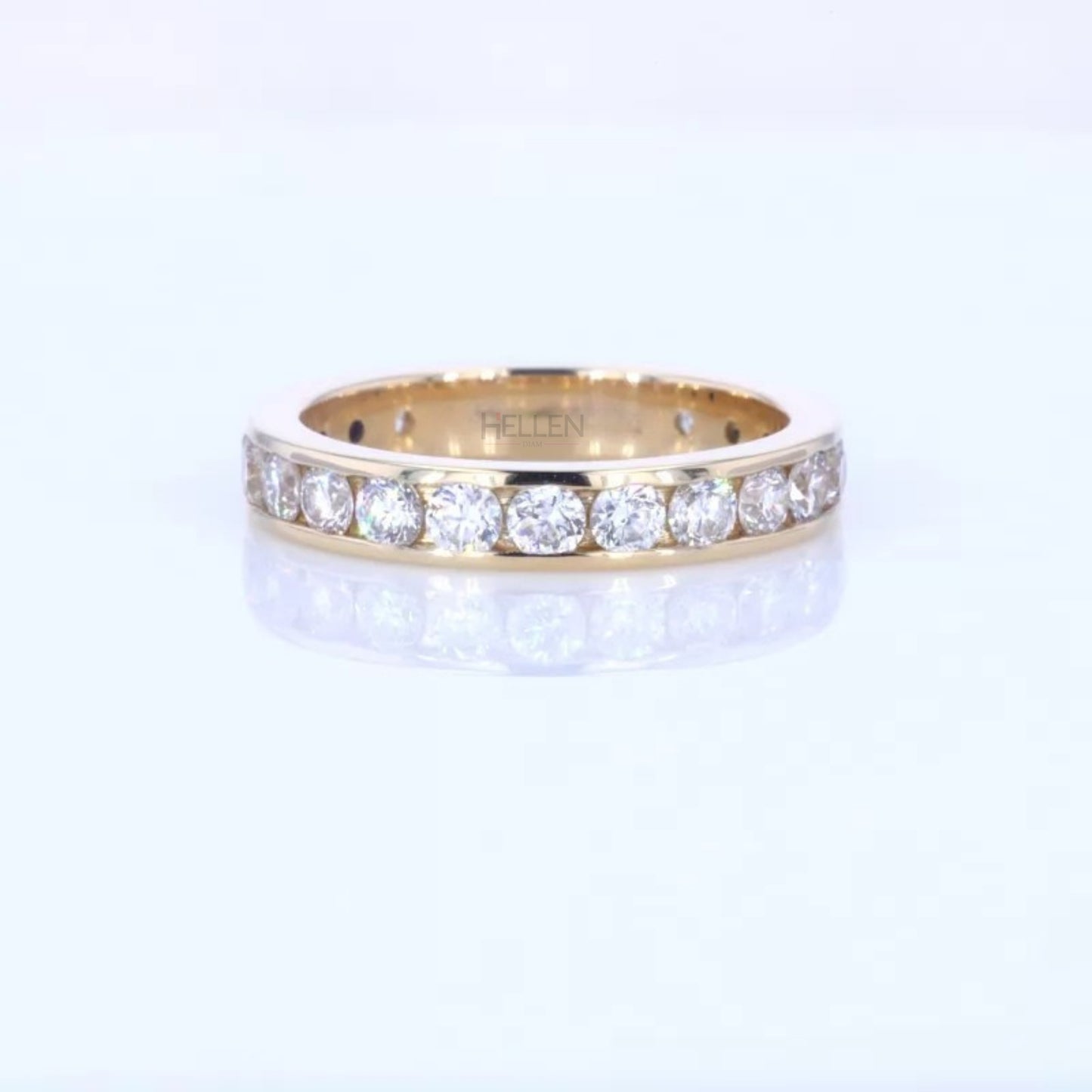 Channel set full eternity band with round moissanite – secure setting and timeless circular brilliance

