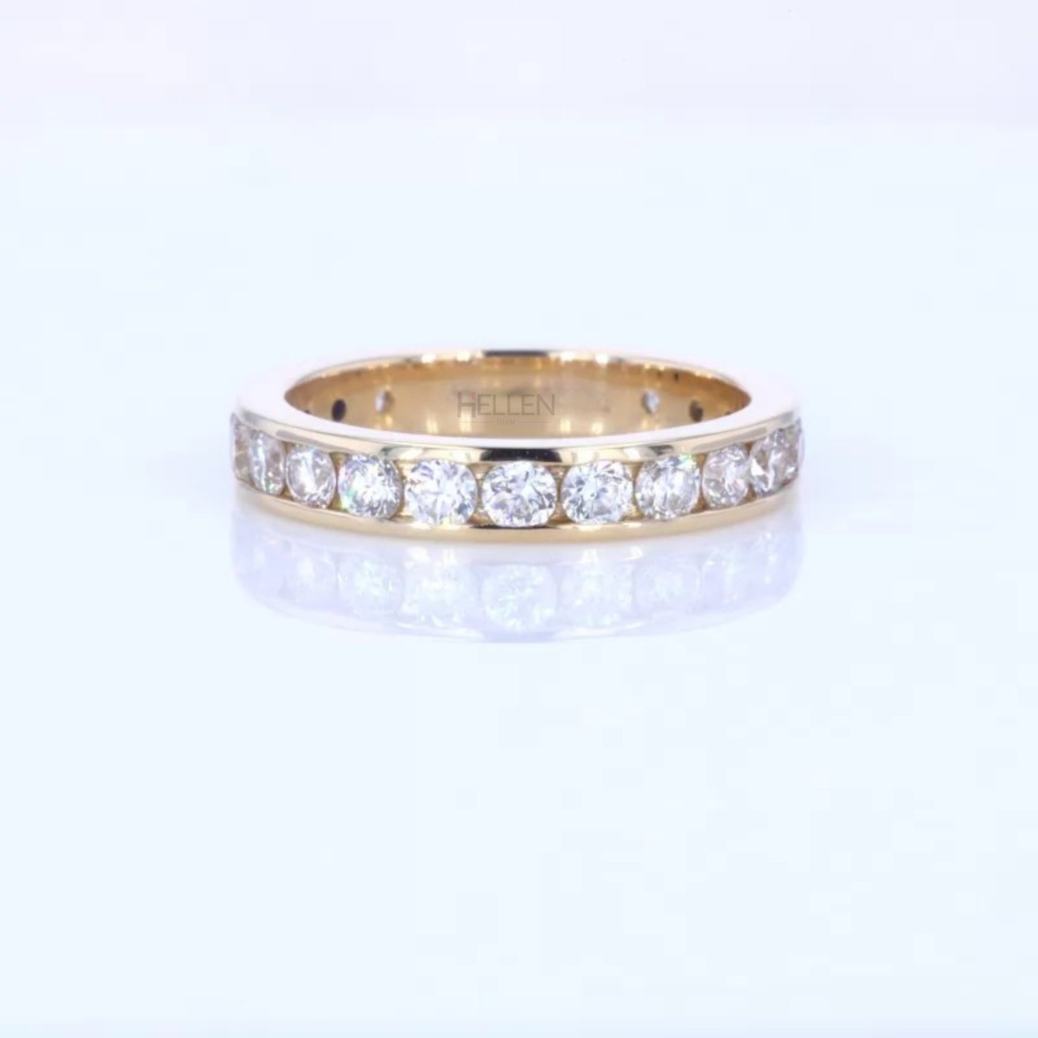 Channel set full eternity band with round moissanite – secure setting and timeless circular brilliance

