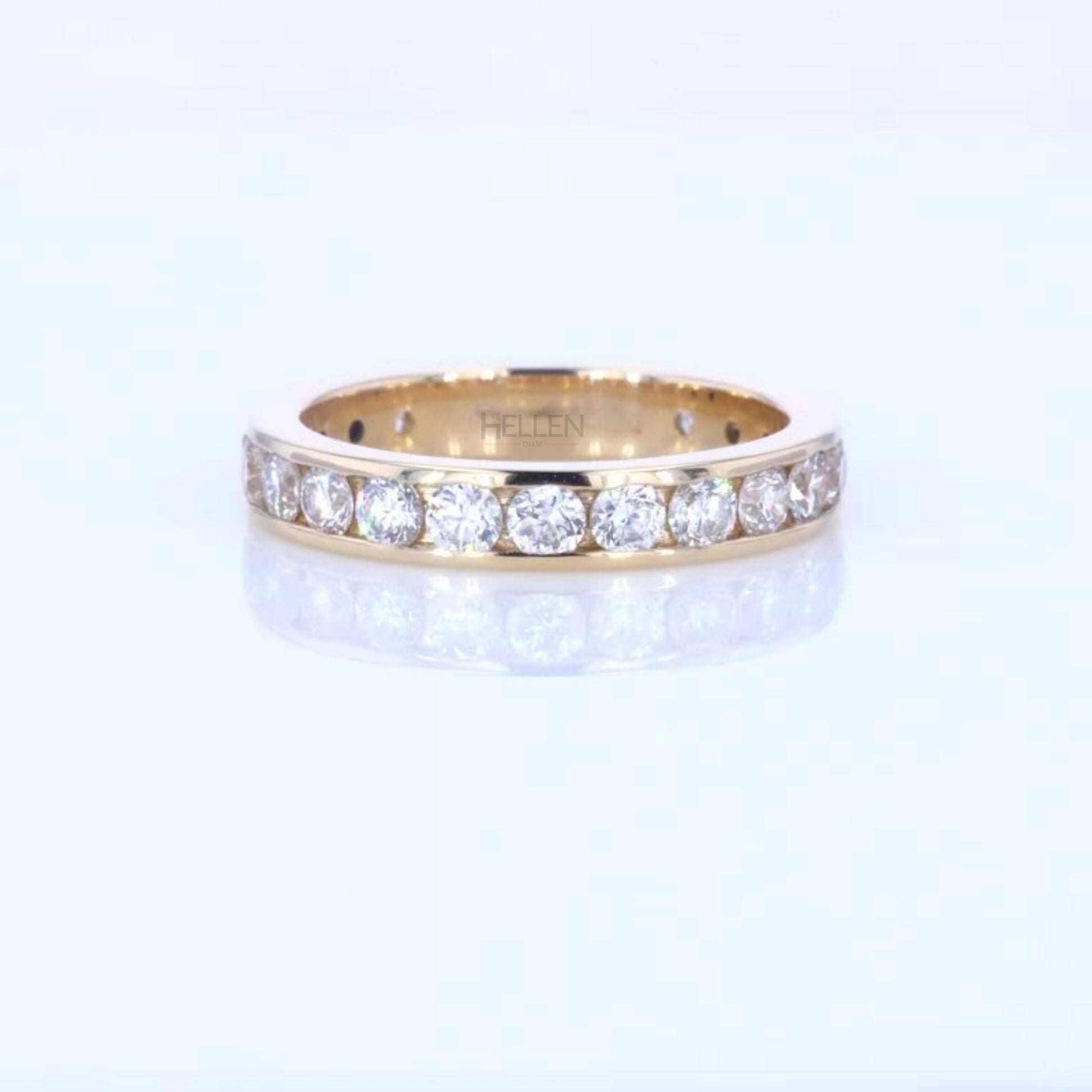 Channel set full eternity band with round moissanite – secure setting and timeless circular brilliance

