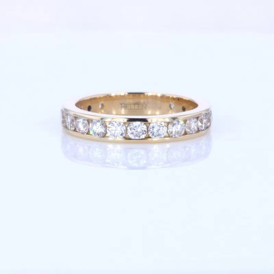 Channel set full eternity band with round moissanite – secure setting and timeless circular brilliance


